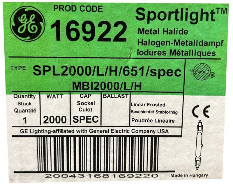 General SPL 2000W/L/H/651 ec MBI2000/L/H Sportlight Metal Halide Ampul - 16922 - 2