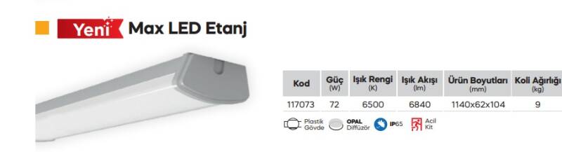 Tio 72W 6500K Ip65 Sıvaüstü Led Etanj Armatür -117073 - 1